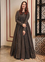 Vegaa Fashion Coal Black Muslin Digital Print Indo Western Gown For Wedding | Grocsy
