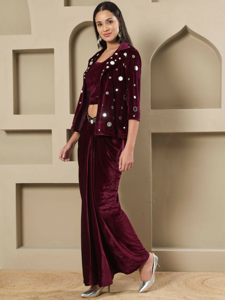 Joban Fashion Women Wine Velvet Hand Embellishment Stitched Dress | Grocsy