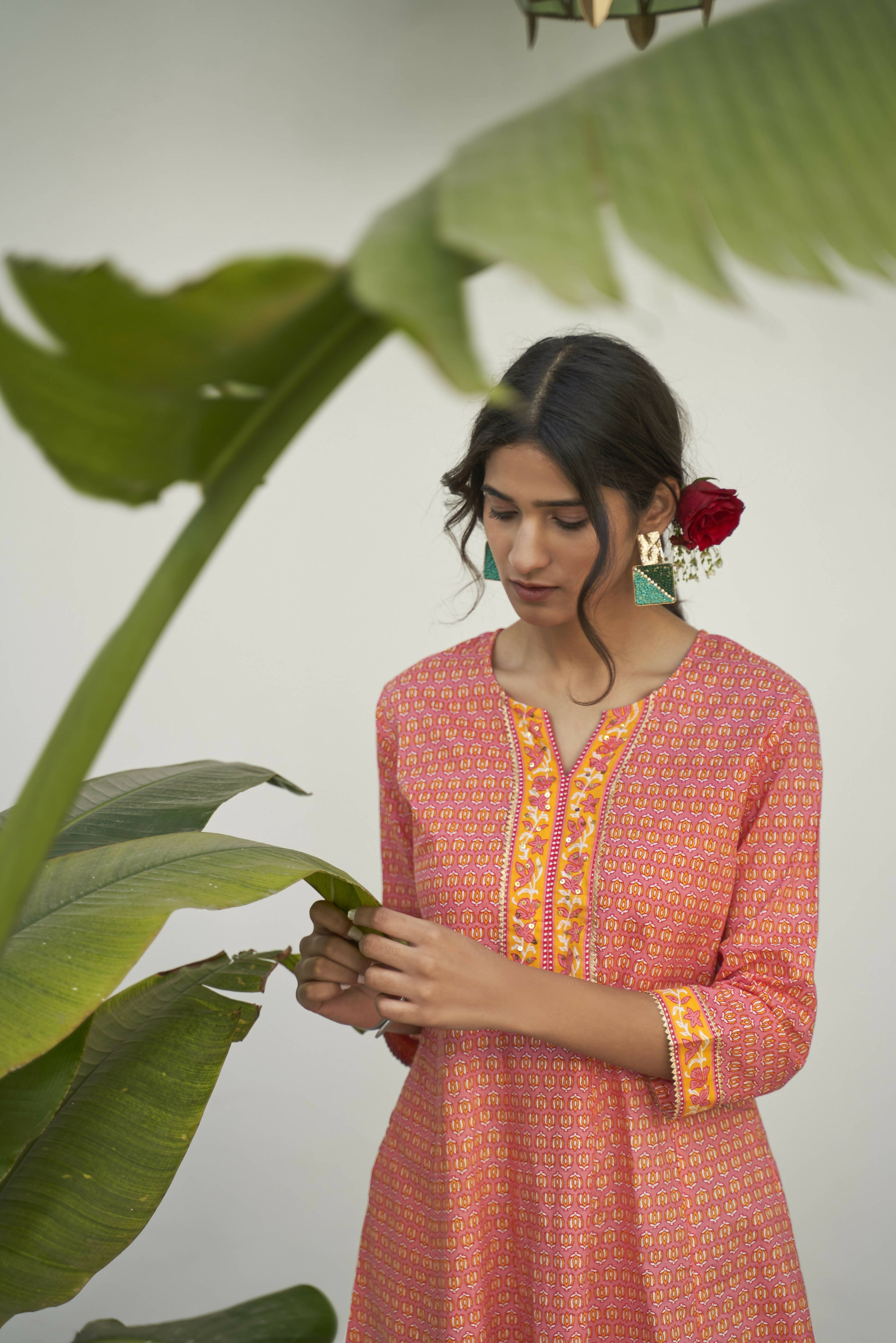 Peach Cotton Floral Printed A line Kurta - Prasuti | Grocsy