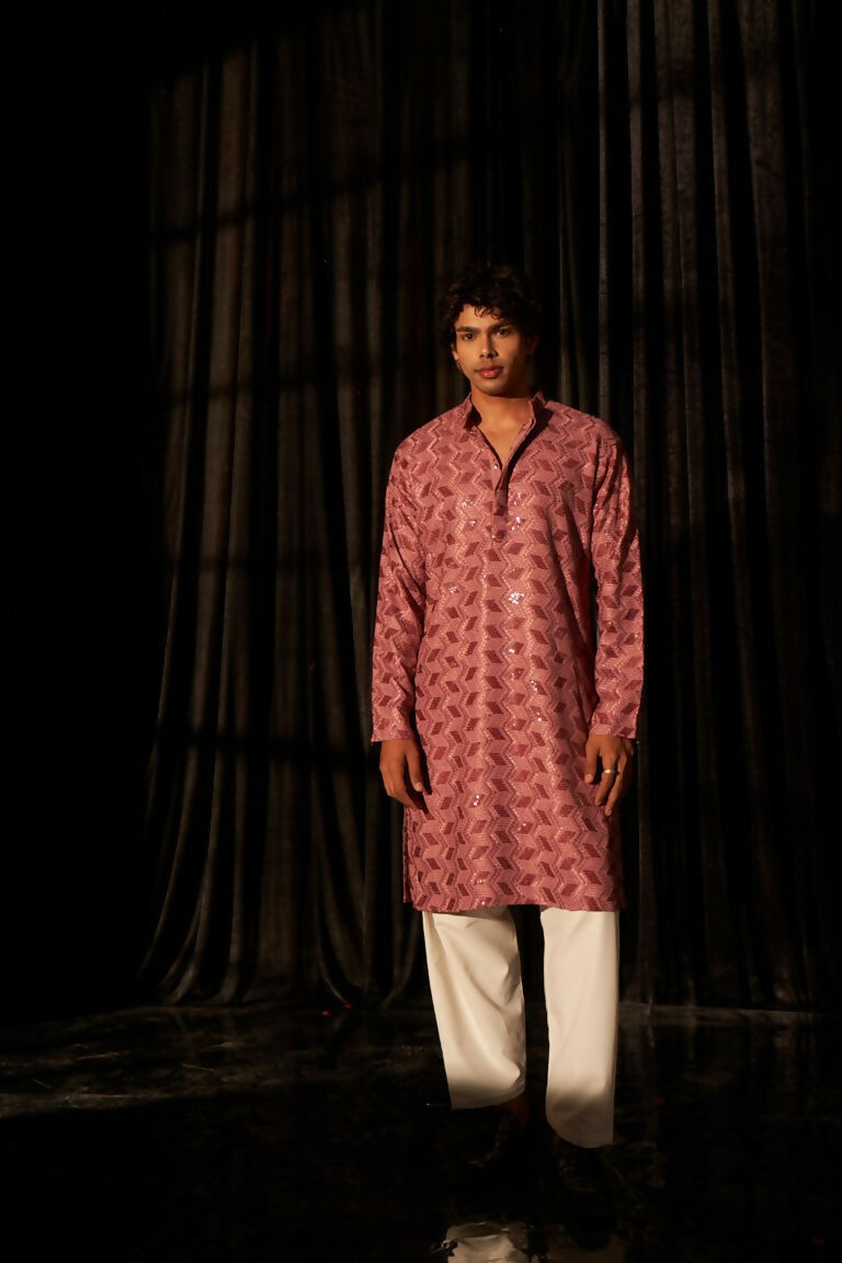Pink viscose Chikankari Embroidery Work Men's Traditional Kurta Set - Mahotsav | Grocsy