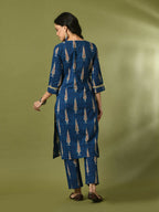 Myshka Women's Blue Printed Cotton Straight Party Kurta Set | Grocsy