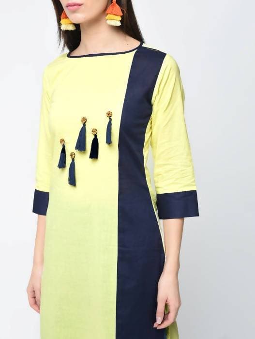 Aniyah Cotton Color Block Yellow Straight Kurta With Tassels (AN-103K) | Grocsy