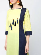 Aniyah Cotton Color Block Yellow Straight Kurta With Tassels (AN-103K) | Grocsy