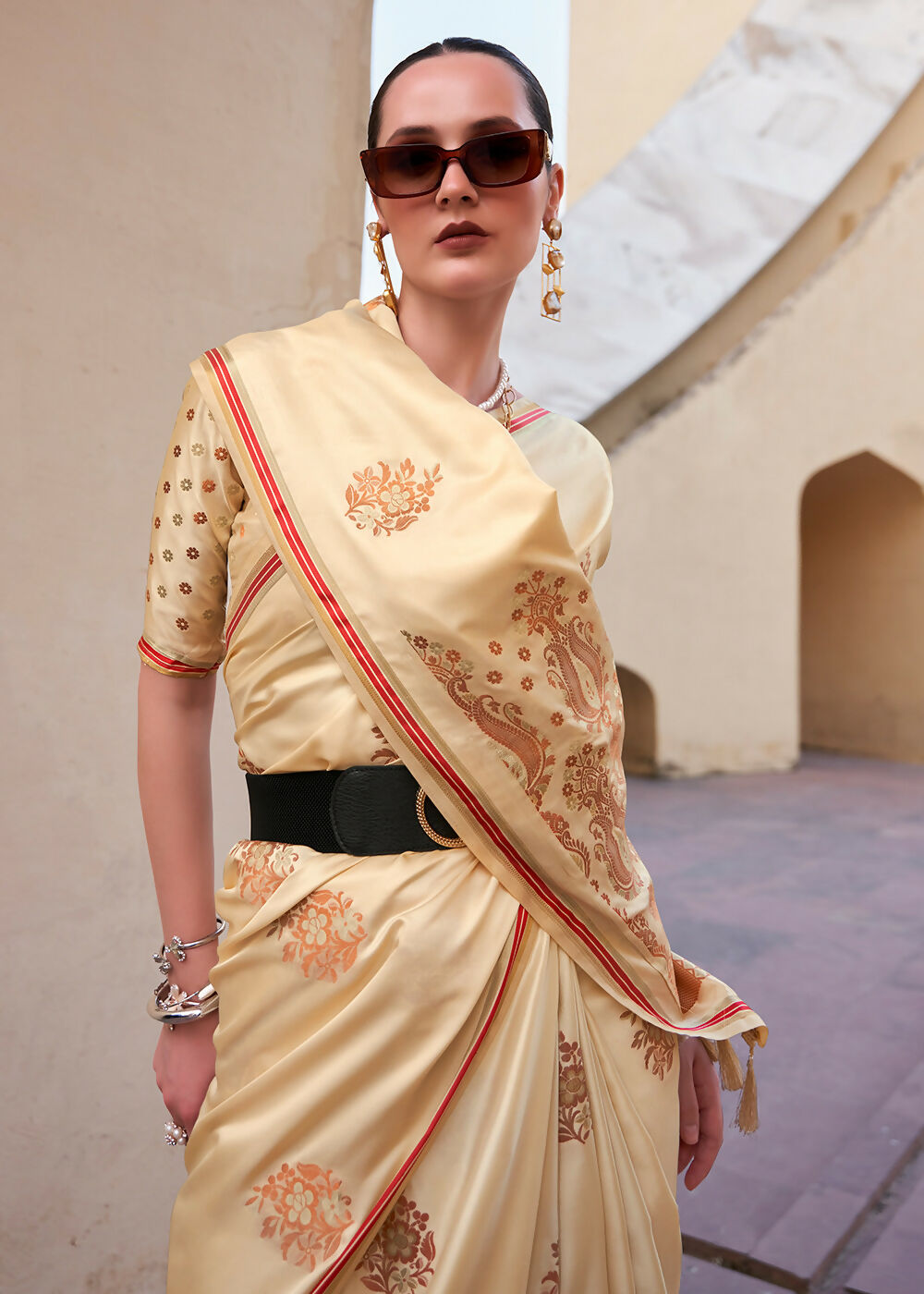 Buttermilk Beige Pure Satin Zari Weaving Wedding Festive Saree - Emponline | Grocsy