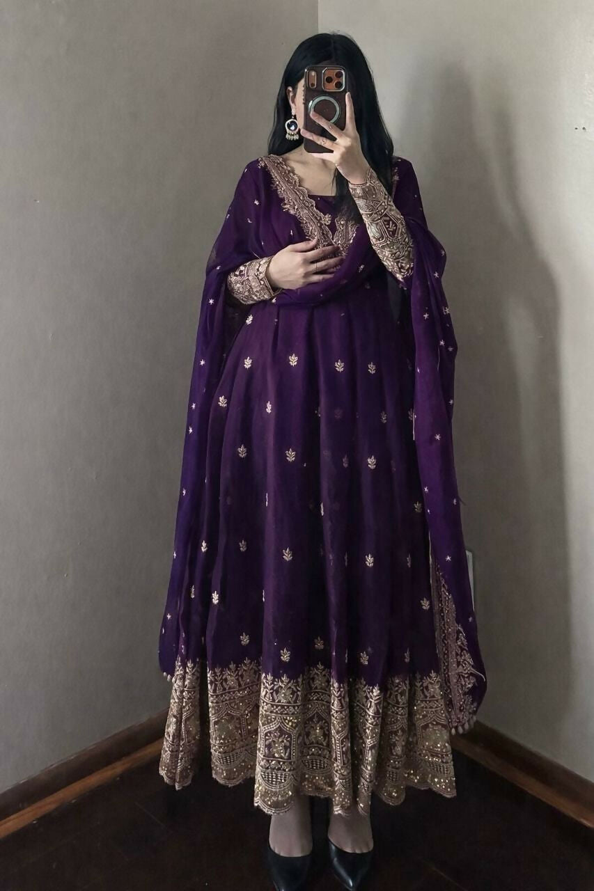 Teeya Creation Deep Purple Embroidered Anarkali Suit Set With Dupatta | Grocsy