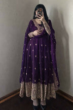 Teeya Creation Deep Purple Embroidered Anarkali Suit Set With Dupatta | Grocsy