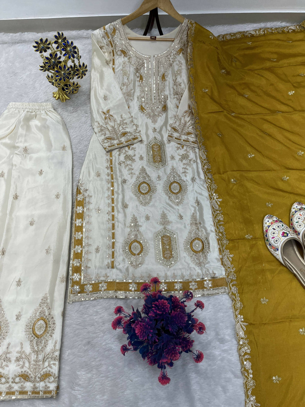 Teeya Creation White Color Chinon Silk Party Wear Trending Palazzo Set | Grocsy
