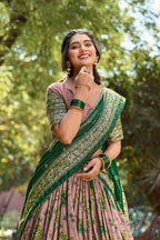 Vastranavya Kalamkari Print With Foil Print Lehenga with Unstitched Printed Blouse - Onion | Grocsy