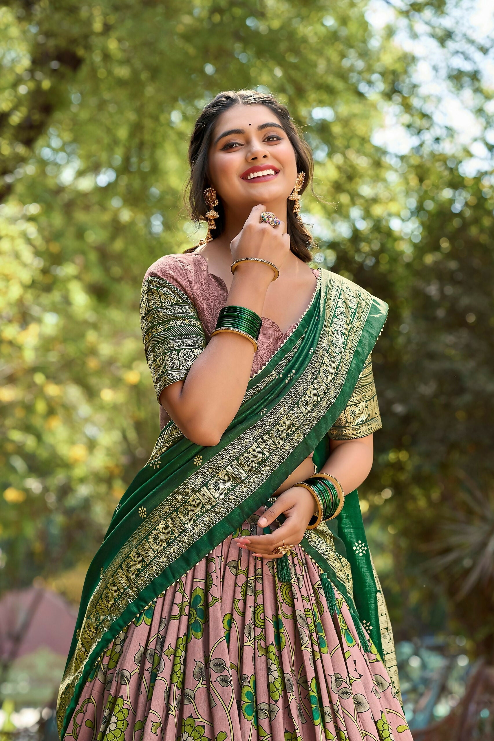 Vastranavya Kalamkari Print With Foil Print Lehenga with Unstitched Printed Blouse - Onion | Grocsy