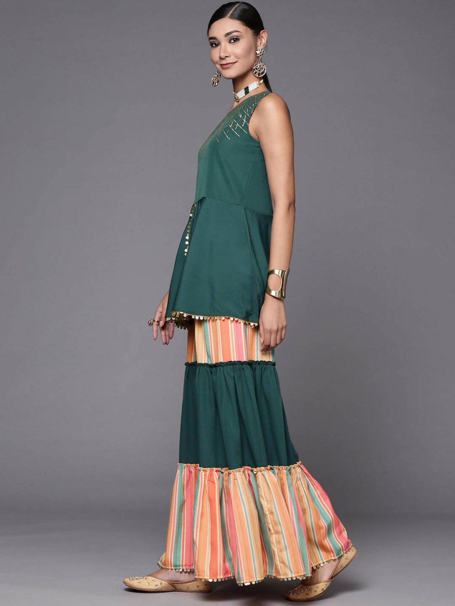 Ahalyaa Green Yoke Geometric Printed High Slit Sequinned Kurti with Sharara | Grocsy