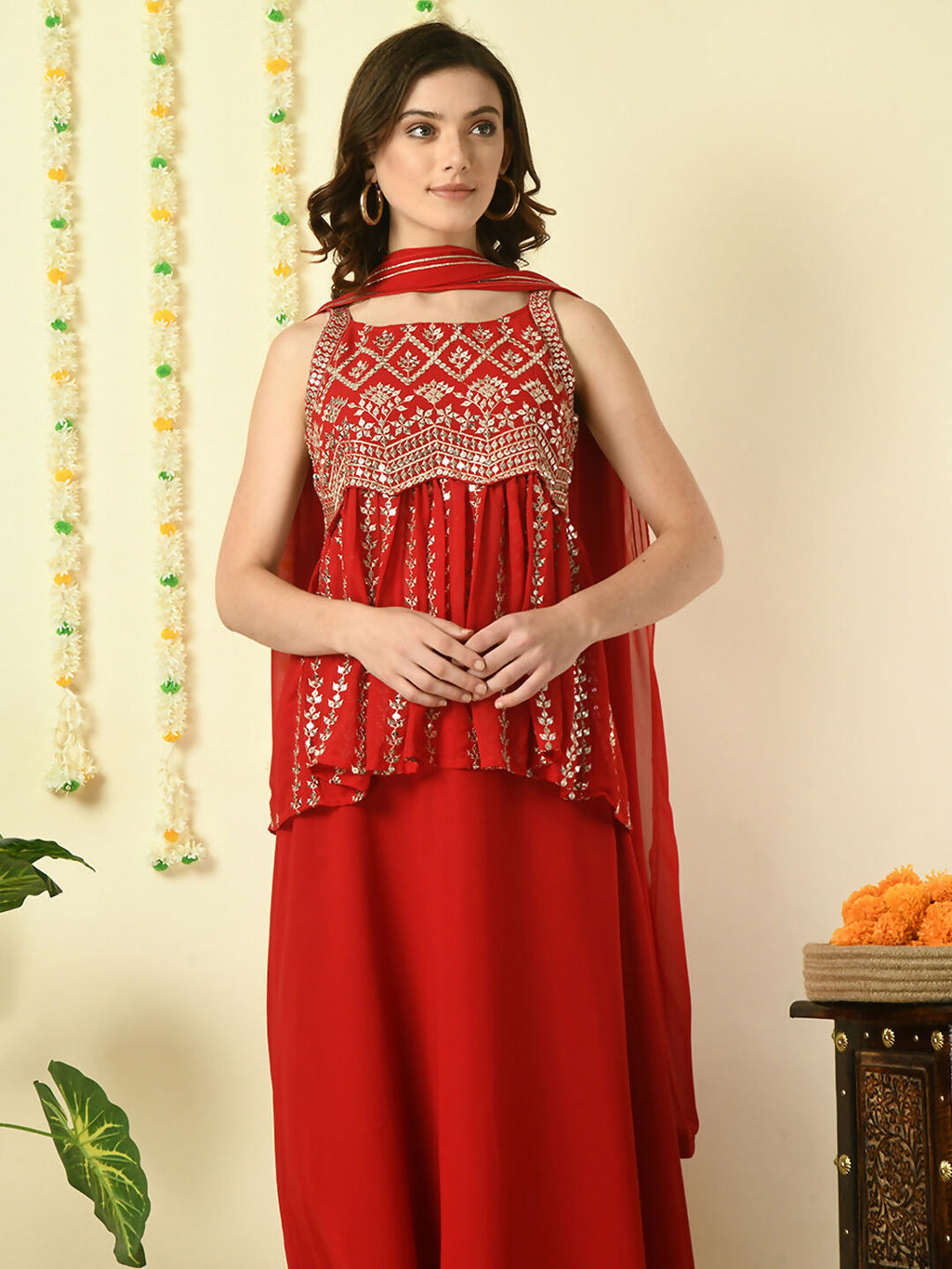 Myshka Women's Red Georgette Top & Skirt With Dupatta Party Sets | Grocsy