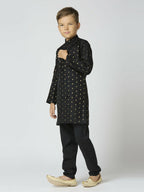 Joban Fashion Kids Island Full Sleeves Chanderi Kurta, Pyjama Set with Traditional Butta Work - Black | Grocsy