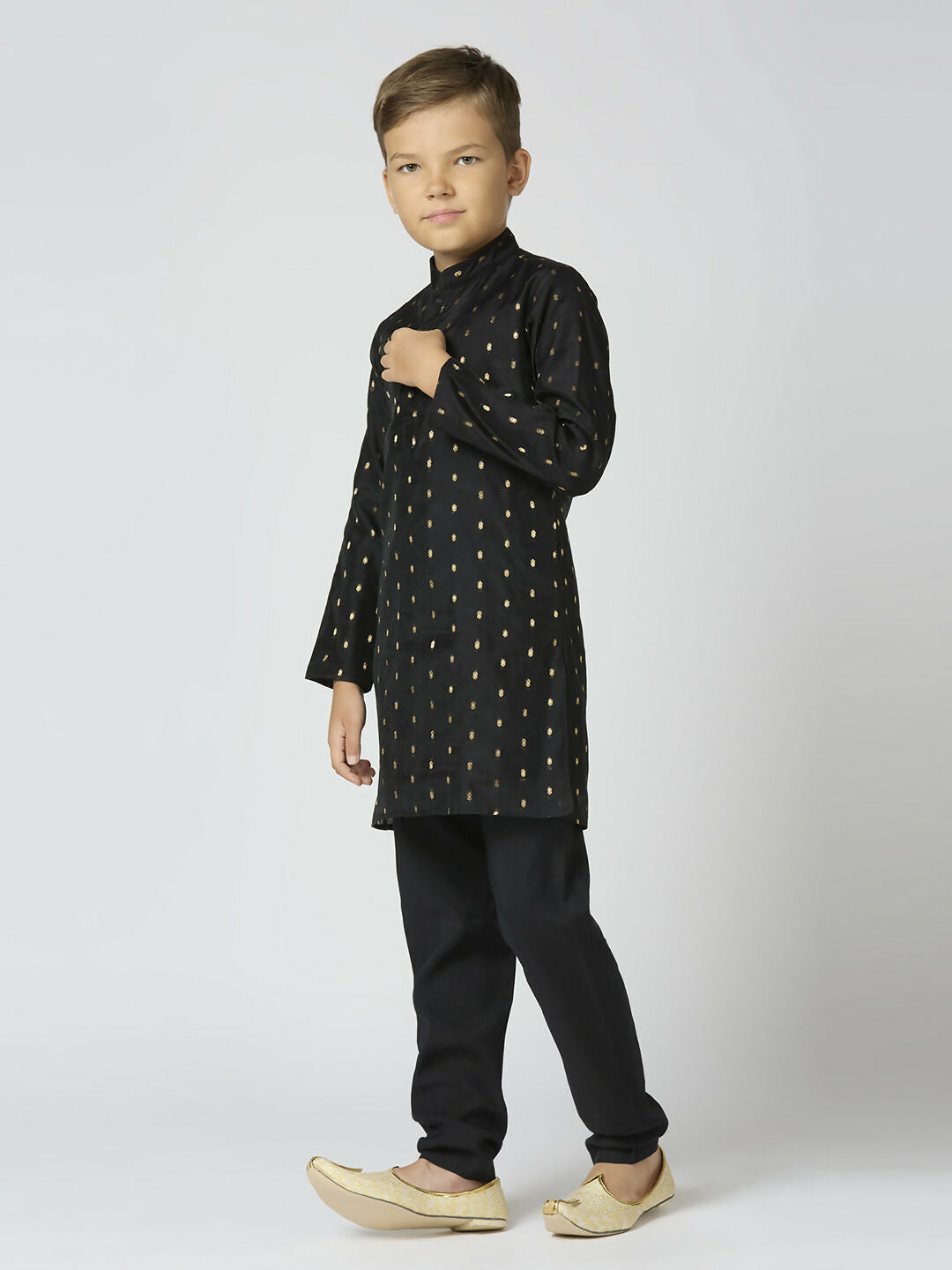 Joban Fashion Kids Island Full Sleeves Chanderi Kurta, Pyjama Set with Traditional Butta Work - Black | Grocsy
