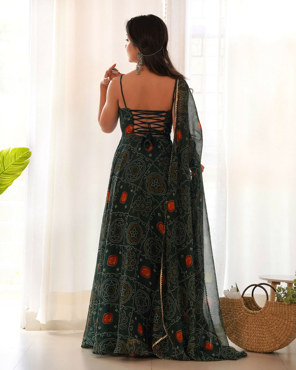 Joban Fashion Bottle Green Kurta Set Chiffon Sequin Embroidery Work | Grocsy