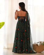 Joban Fashion Bottle Green Kurta Set Chiffon Sequin Embroidery Work | Grocsy