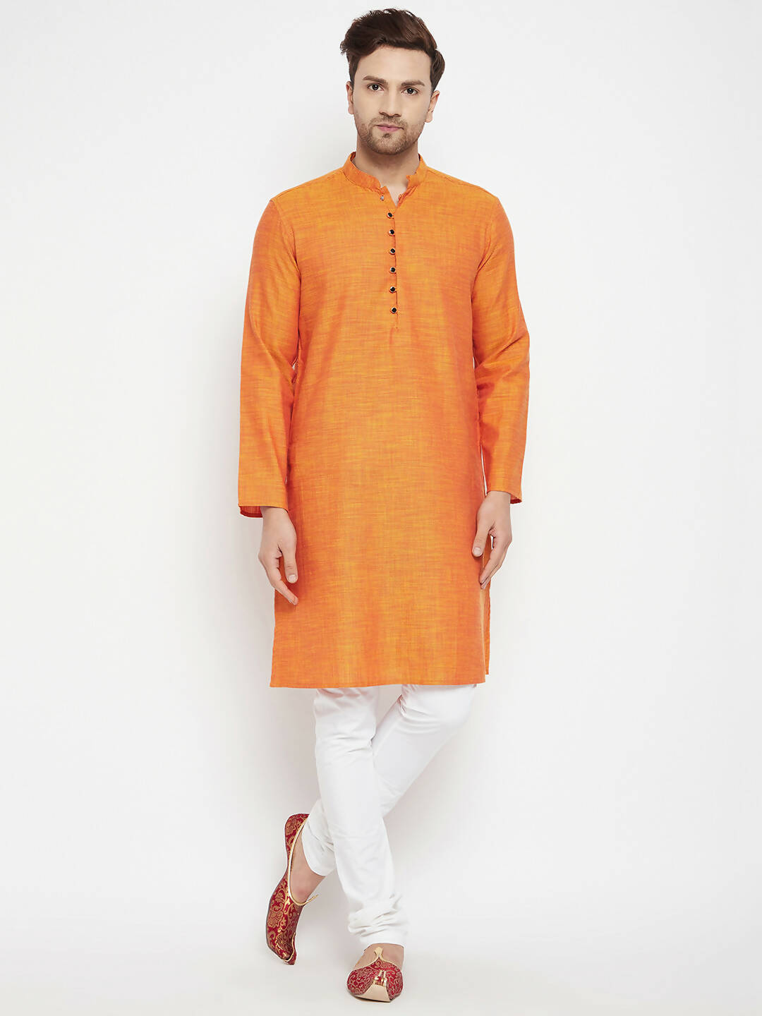 Even Apparels Orange Pure Cotton Long Men's Kurta With Band Collar | Grocsy
