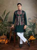Vastranavya Green Exclusive Festival Viscose Silk Thread & Swarovski Embroidered Work Mens Wear Kurta & Koti | Grocsy