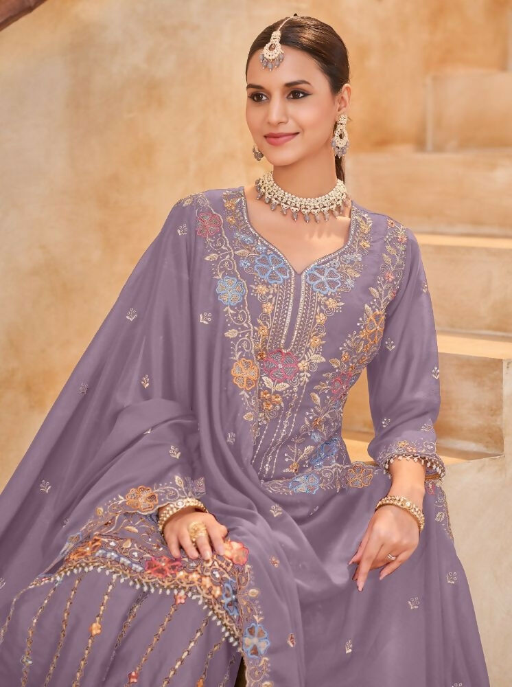 Anaita Lavender Vichitra Silk Readymade Palazzo Suit with Embroidery & Lace Work | Grocsy