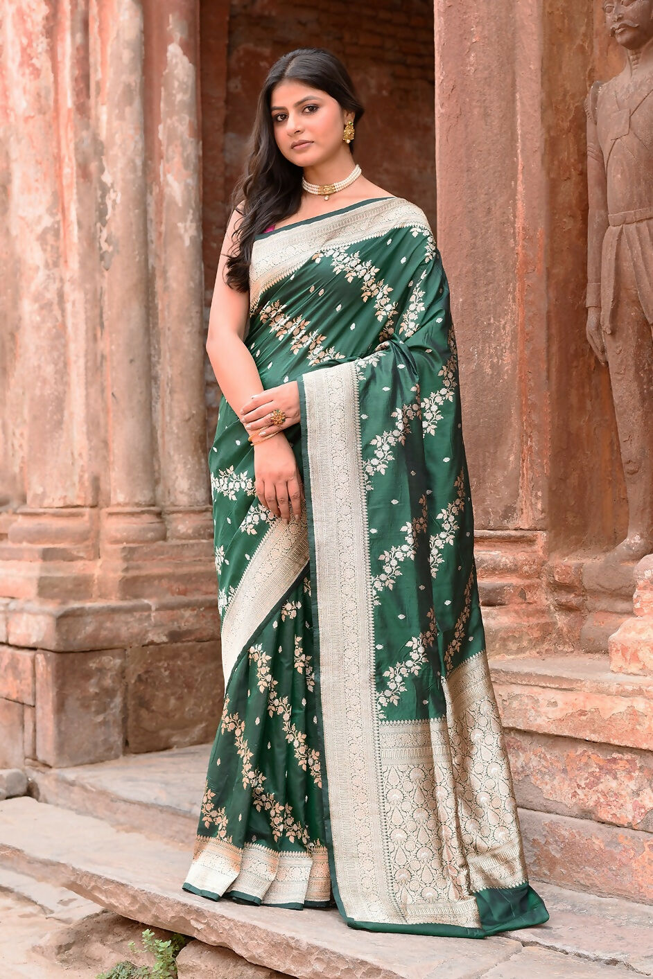 Joban Fashion Emerald Green Banarasi Katan Pure Handloom Banarasi Silk Saree | Grocsy
