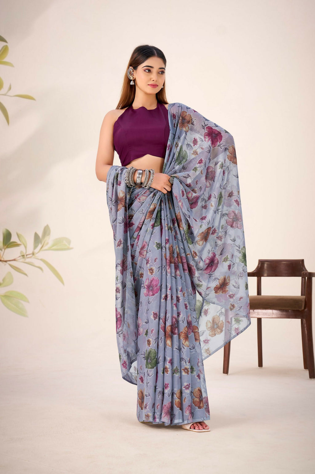 Vastranavya Grey Lurex Brasso Floral Printed Saree with Unstitched Blouse | Grocsy