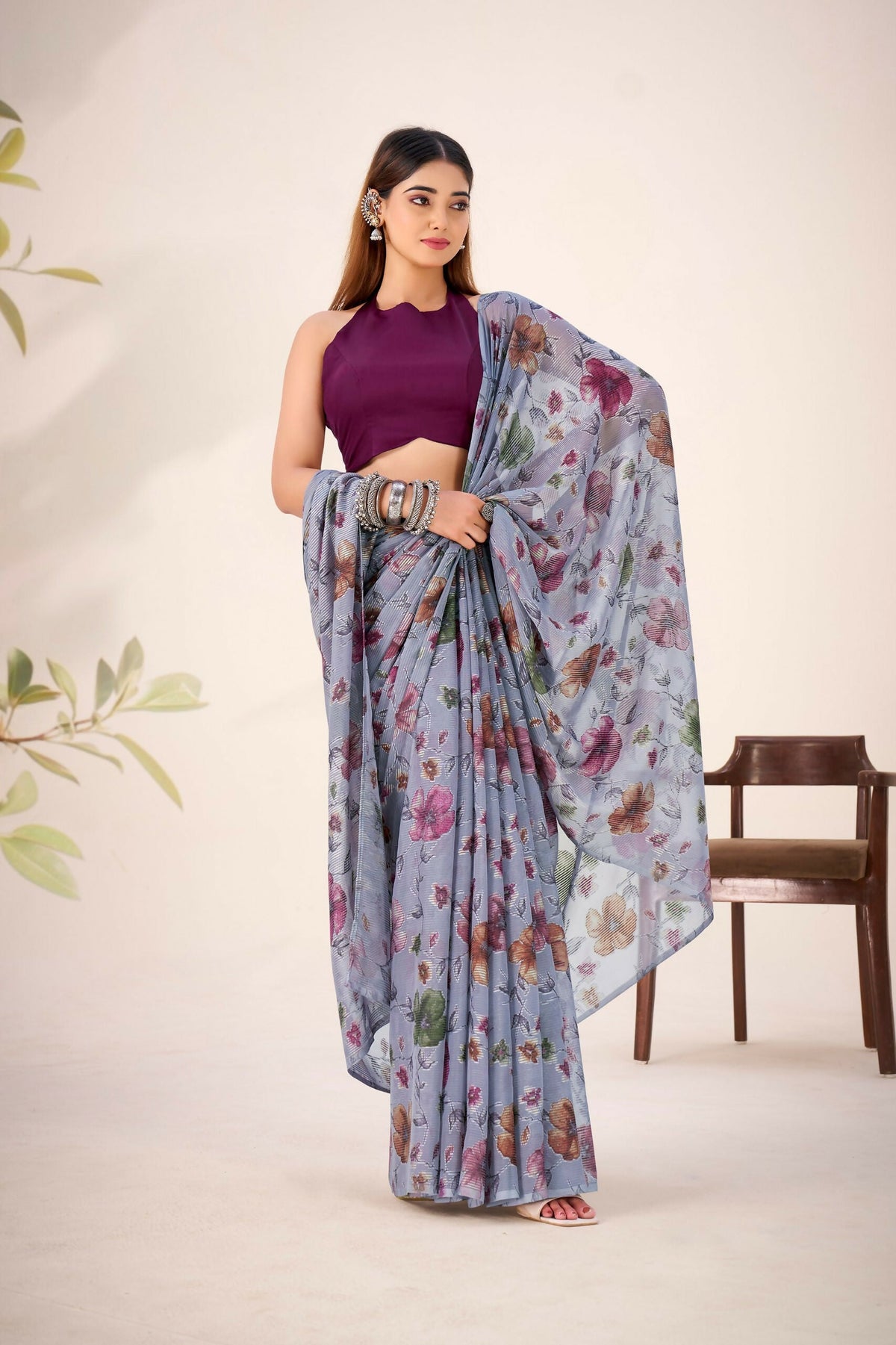Vastranavya Grey Lurex Brasso Floral Printed Saree with Unstitched Blouse | Grocsy