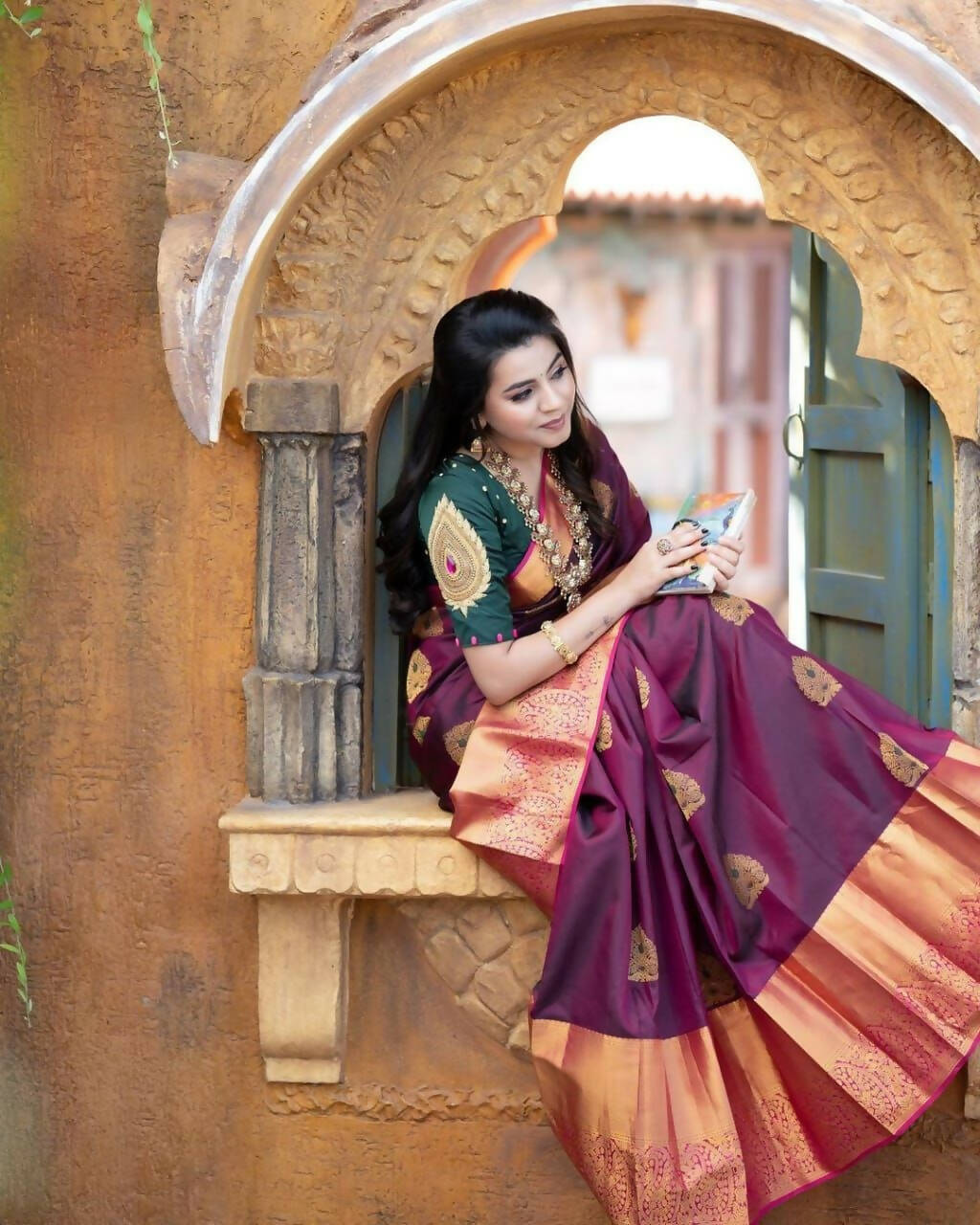 DEIANA'S Beautiful Designer Golden zari Soft Lichi Silk Saree - Wine | Grocsy