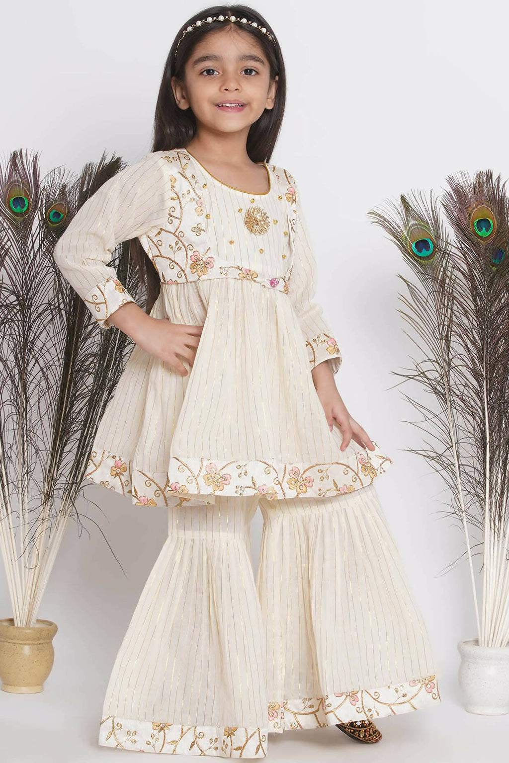 Little Bansi Floral Embroidery Jacket With Cotton Lurex Frock Sharara And Dupatta With Ghungroo Handwork - Cream | Grocsy