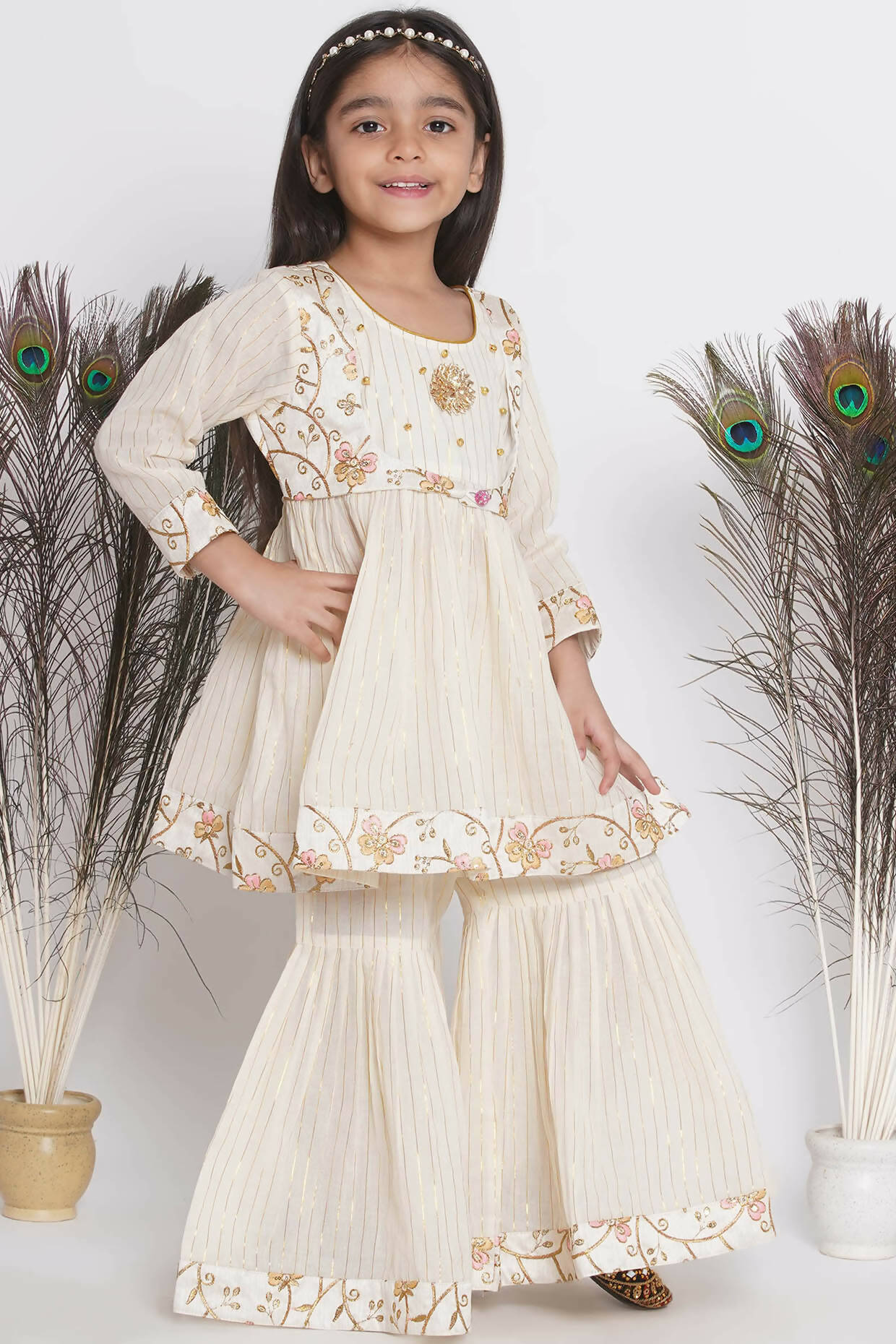 Little Bansi Floral Embroidery Jacket With Cotton Lurex Frock Sharara And Dupatta With Ghungroo Handwork - Cream | Grocsy