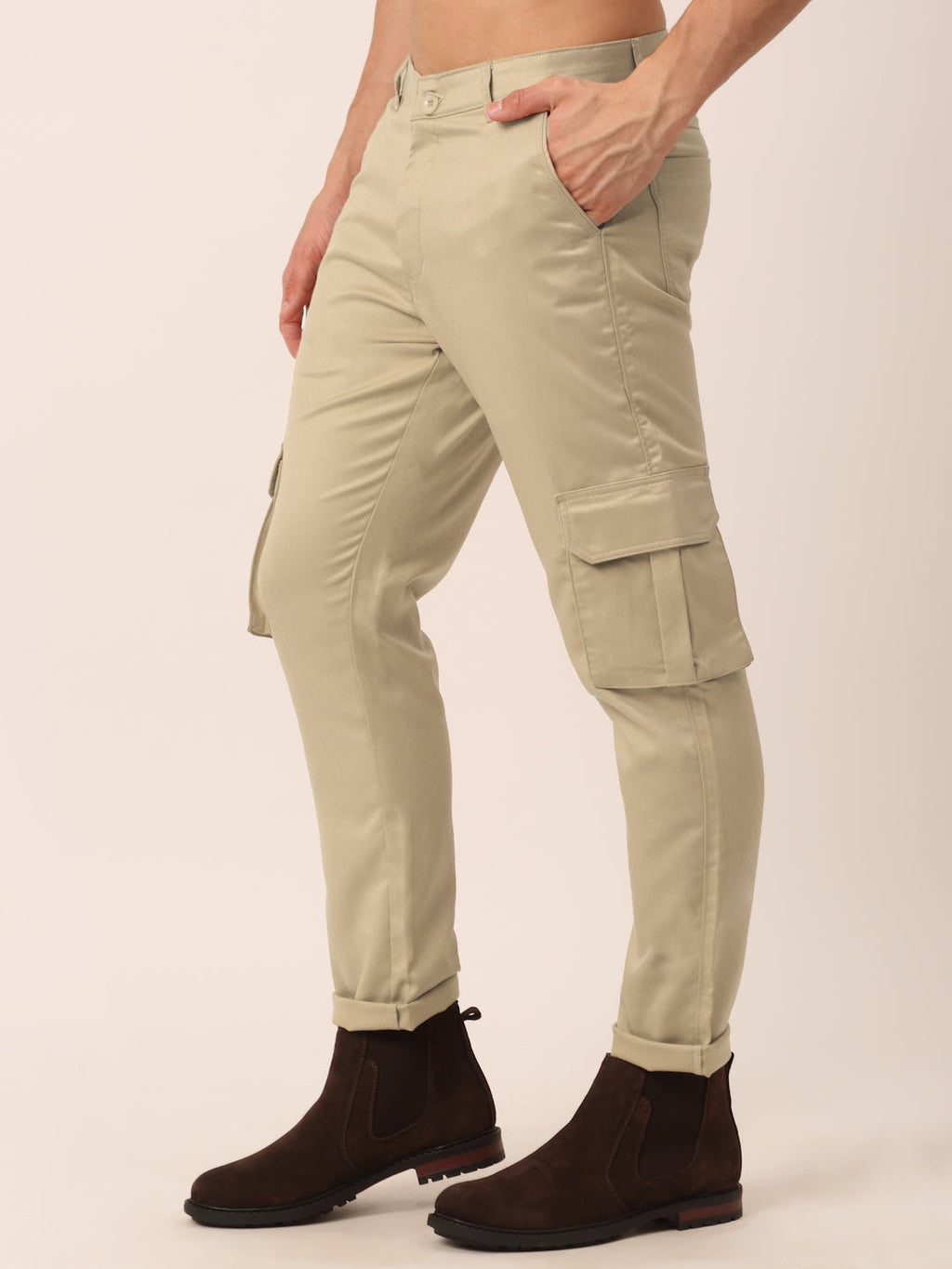 Jainish Men's Casual Cotton Solid Cargo Pants ( KGP 154 Beige ) | Grocsy