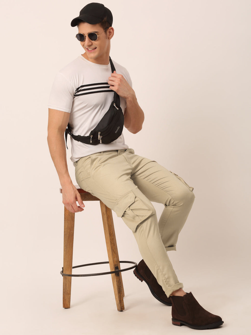 Jainish Men's Casual Cotton Solid Cargo Pants ( KGP 154 Beige ) | Grocsy