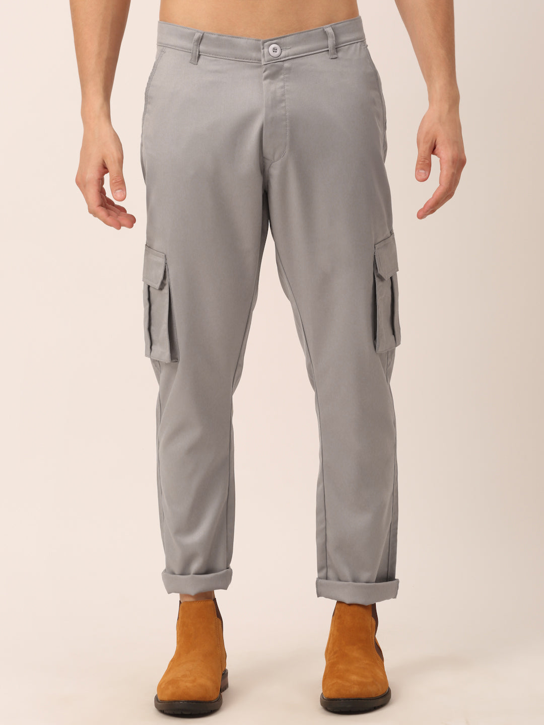Jainish Men's Casual Cotton Solid Cargo Pants ( KGP 154 Light-Grey ) | Grocsy