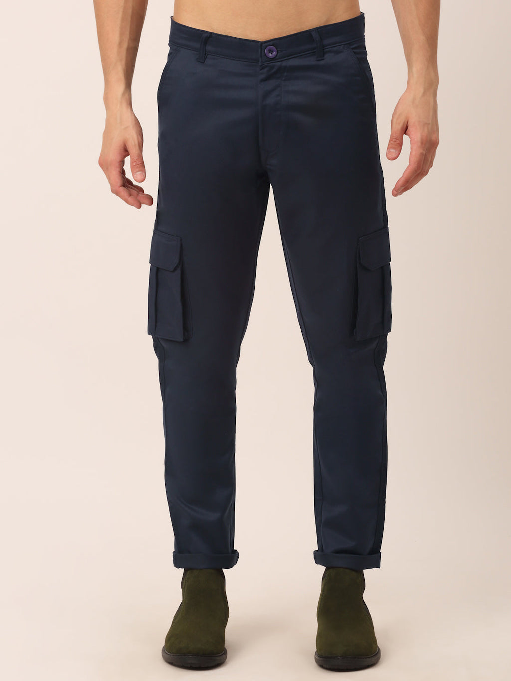 Jainish Men's Casual Cotton Solid Cargo Pants ( KGP 154 Navy-Blue ) | Grocsy