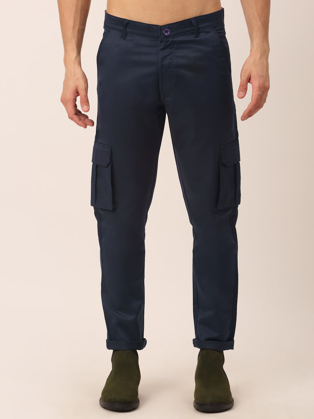 Jainish Men's Casual Cotton Solid Cargo Pants ( KGP 154 Navy-Blue ) | Grocsy