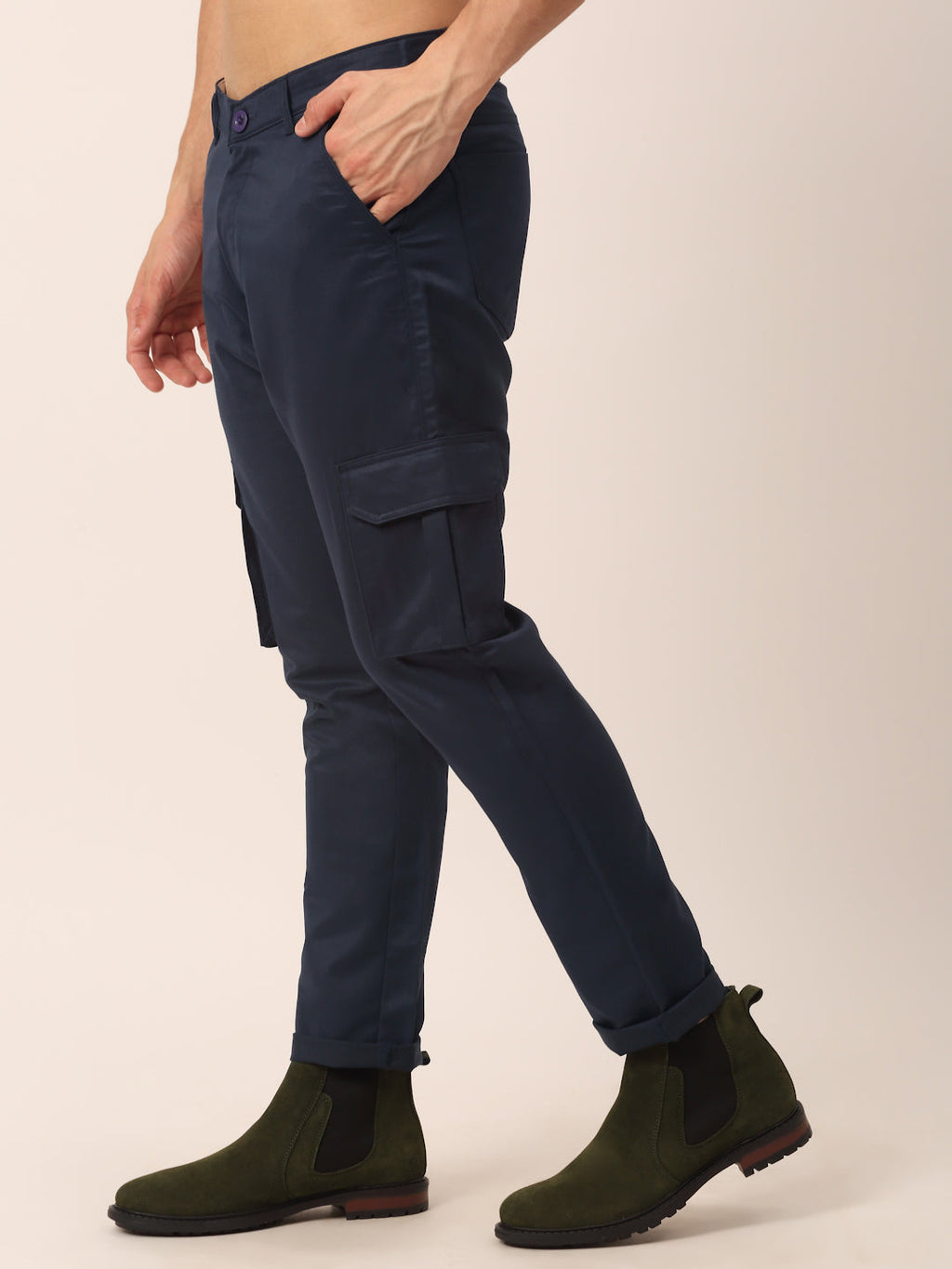 Jainish Men's Casual Cotton Solid Cargo Pants ( KGP 154 Navy-Blue ) | Grocsy