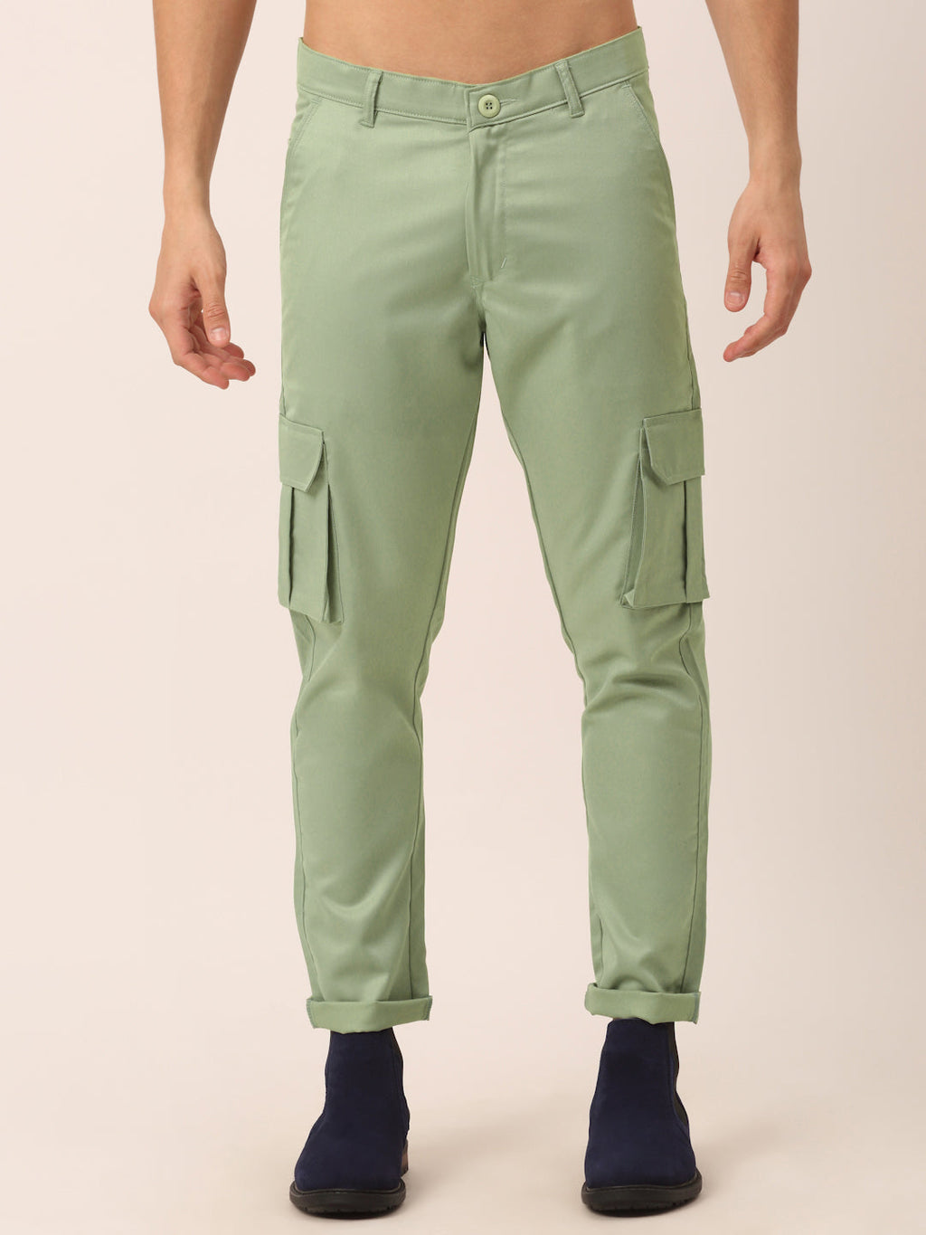 Jainish Men's Casual Cotton Solid Cargo Pants ( KGP 154 Pista-Green ) | Grocsy