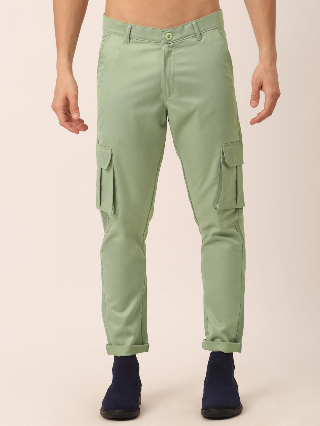 Jainish Men's Casual Cotton Solid Cargo Pants ( KGP 154 Pista-Green ) | Grocsy