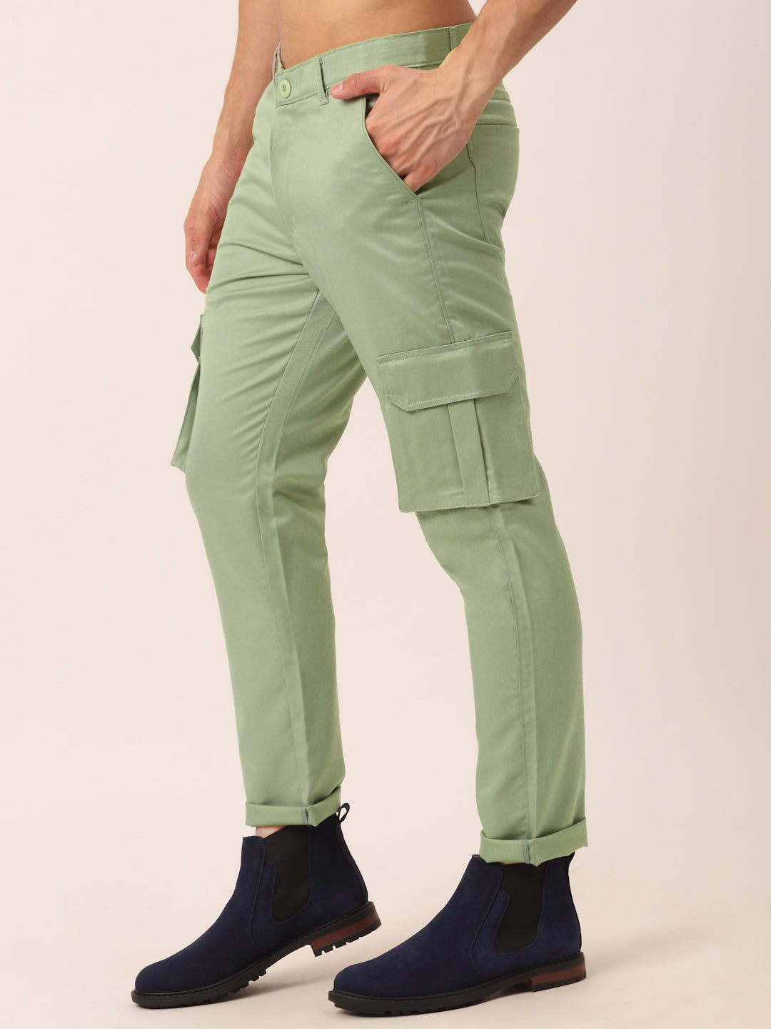 Jainish Men's Casual Cotton Solid Cargo Pants ( KGP 154 Pista-Green ) | Grocsy