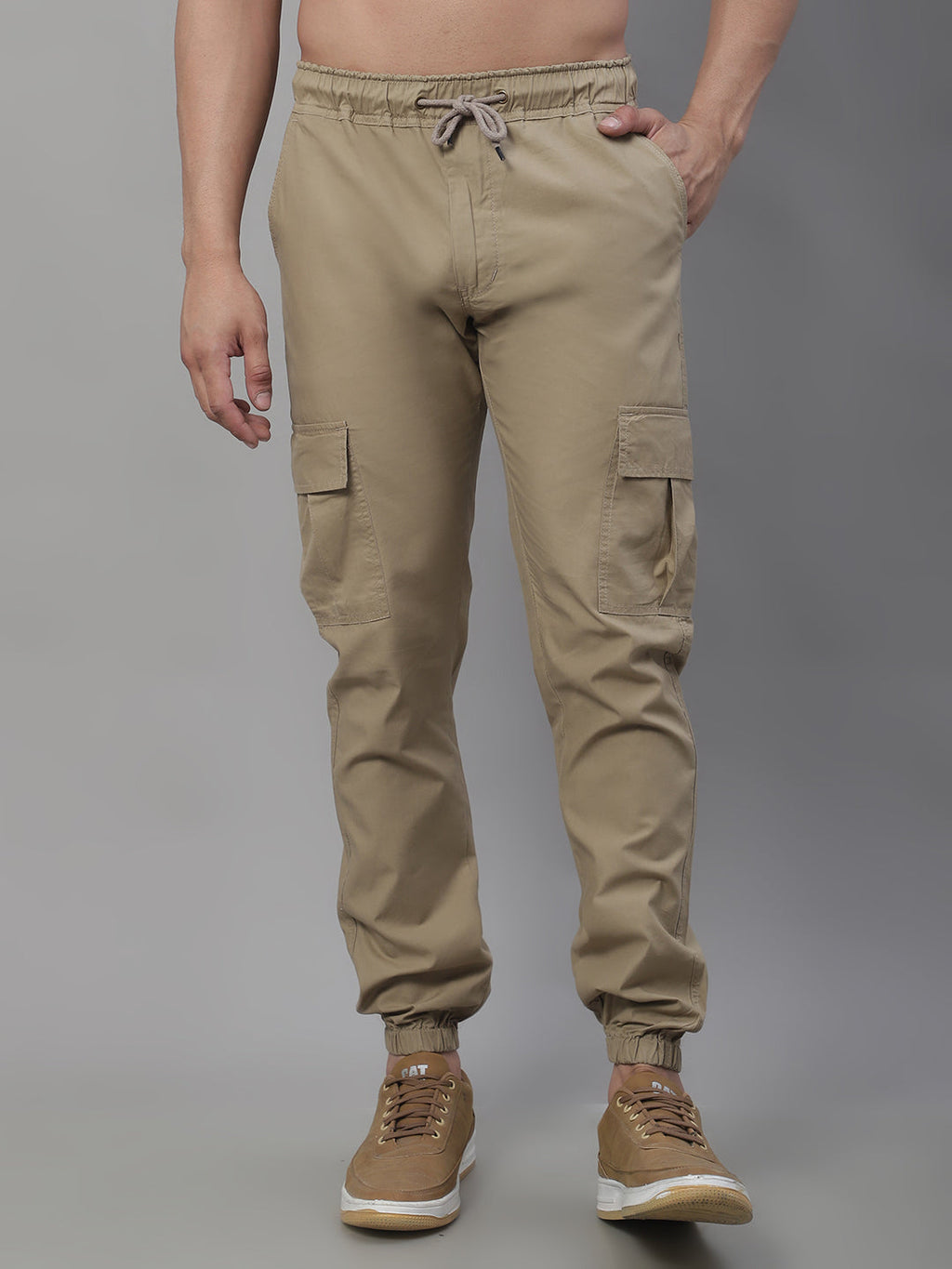 Jainish Men's Casual Cotton Solid Cargo Pants - Beige | Grocsy