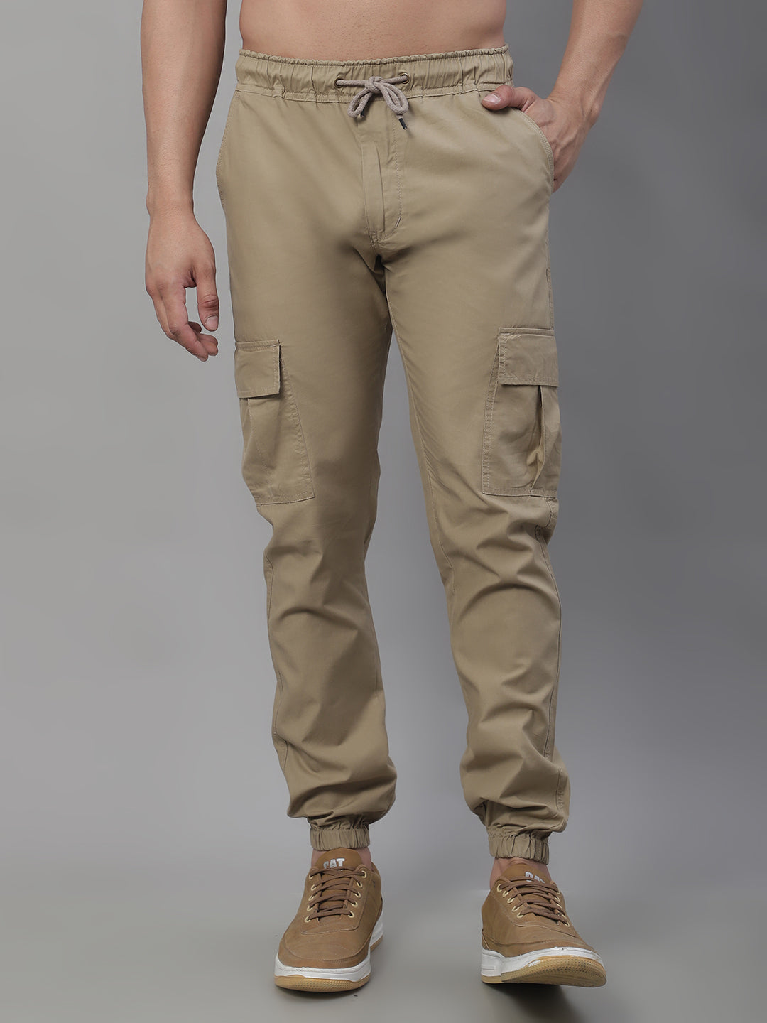 Jainish Men's Casual Cotton Solid Cargo Pants - Beige | Grocsy