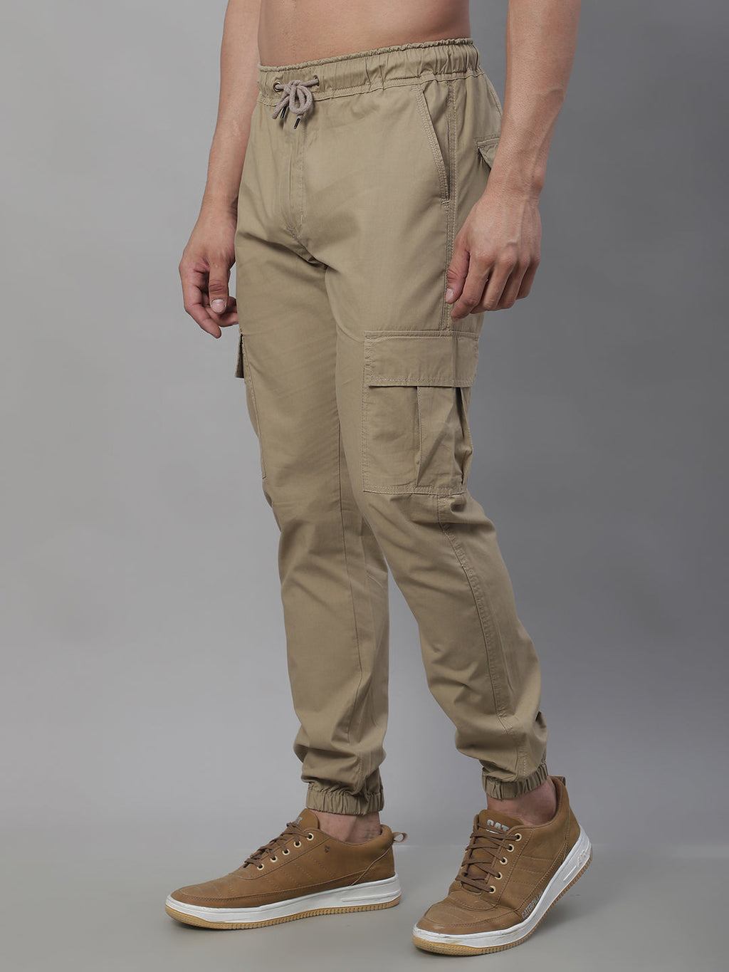 Jainish Men's Casual Cotton Solid Cargo Pants - Beige | Grocsy