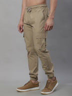Jainish Men's Casual Cotton Solid Cargo Pants - Beige | Grocsy