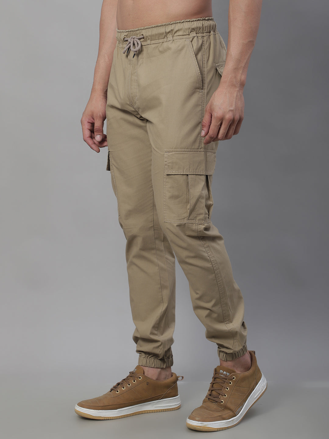 Jainish Men's Casual Cotton Solid Cargo Pants - Beige | Grocsy