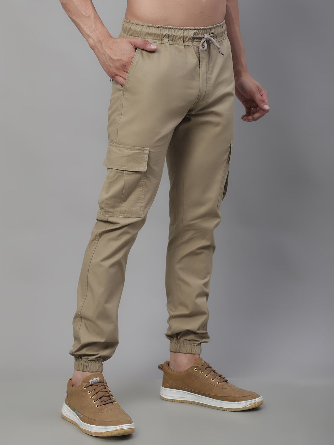Jainish Men's Casual Cotton Solid Cargo Pants - Beige | Grocsy