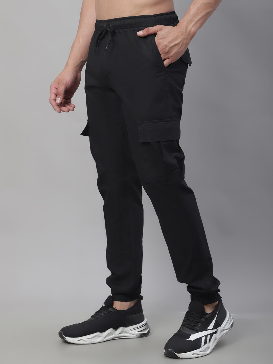 Jainish Men's Casual Cotton Solid Cargo Pants - Black | Grocsy