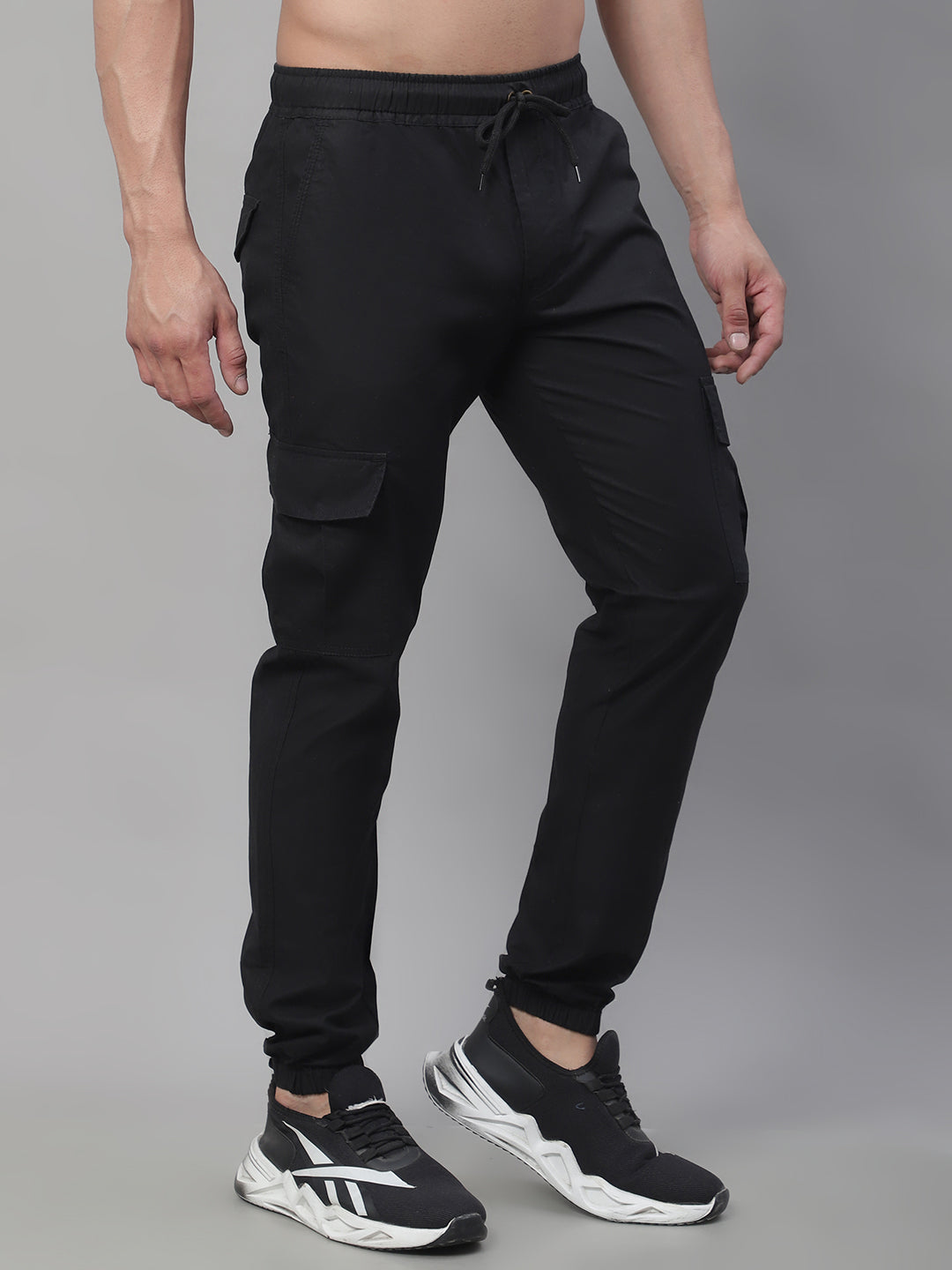 Jainish Men's Casual Cotton Solid Cargo Pants - Black | Grocsy