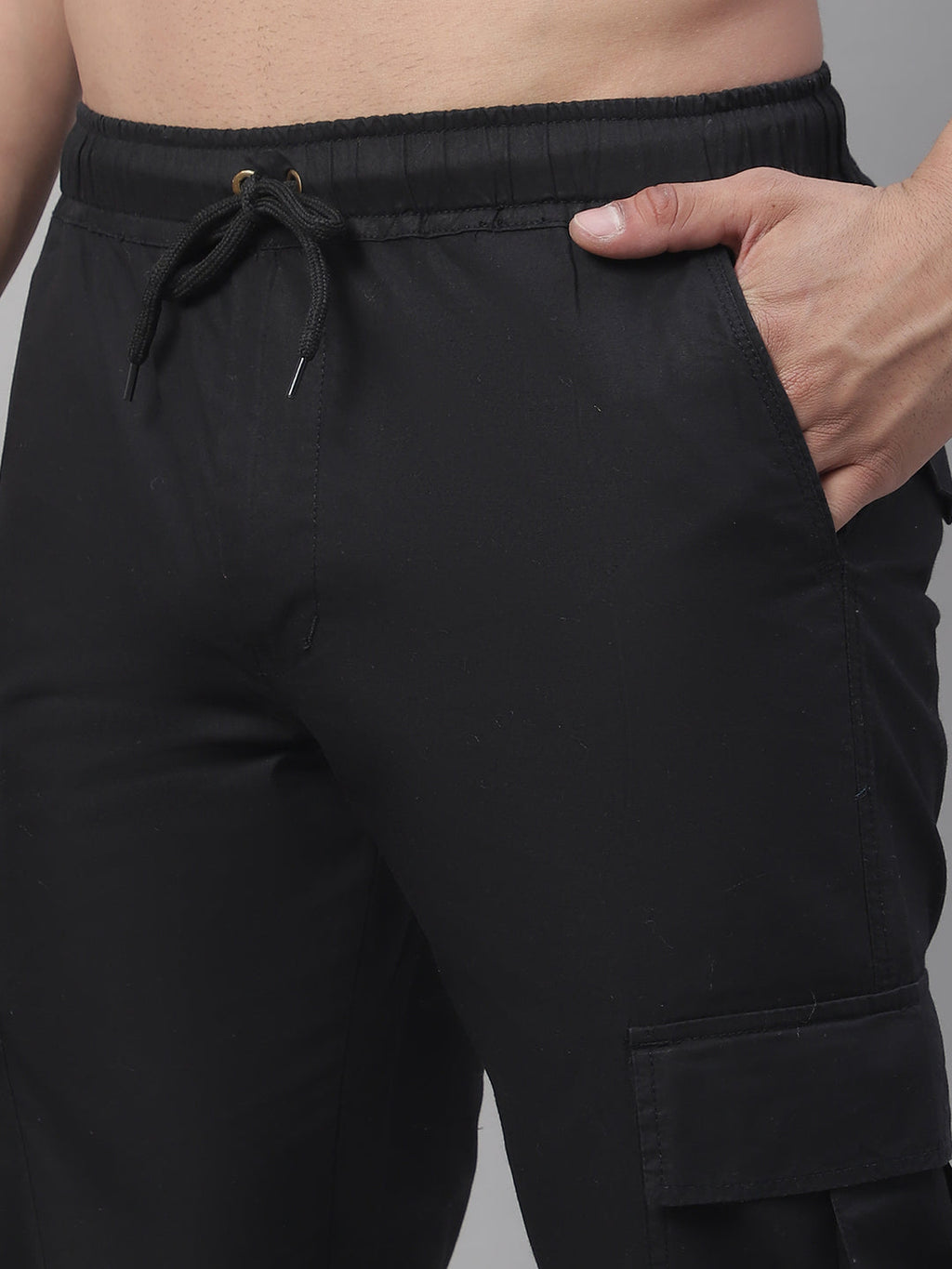 Jainish Men's Casual Cotton Solid Cargo Pants - Black | Grocsy