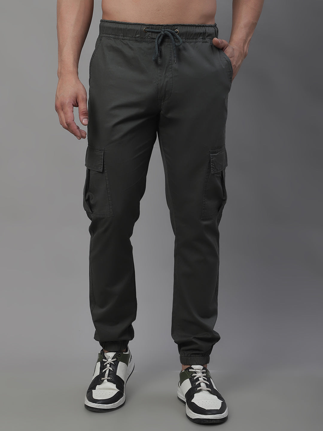 Jainish Men's Casual Cotton Solid Cargo Pants - Grey | Grocsy