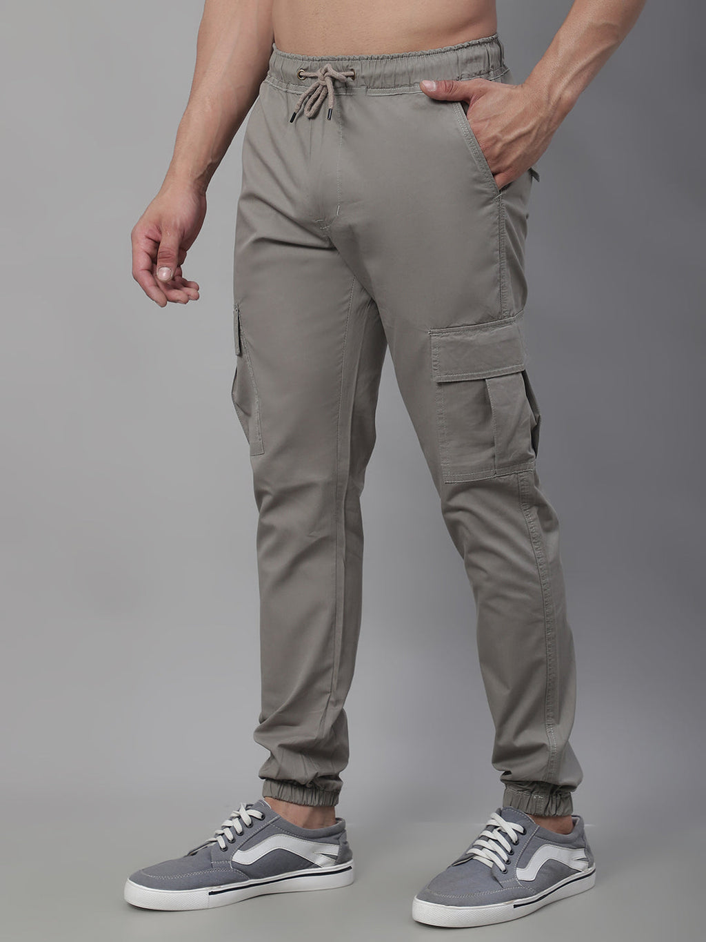Jainish Men's Casual Cotton Solid Cargo Pants - Light-Grey | Grocsy