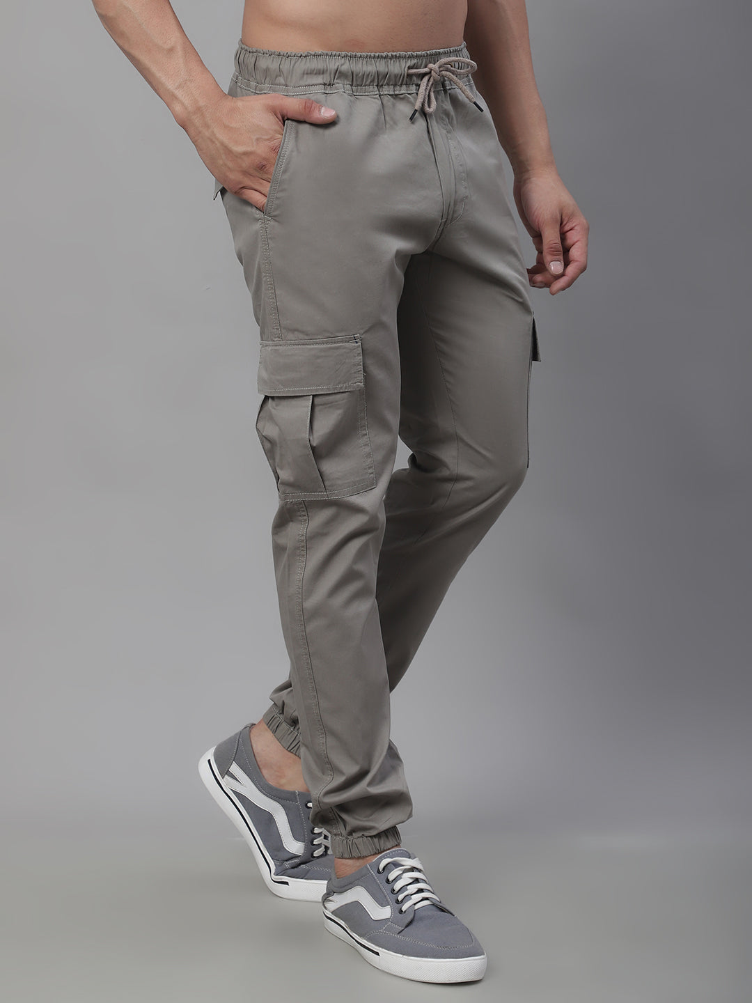 Jainish Men's Casual Cotton Solid Cargo Pants - Light-Grey | Grocsy