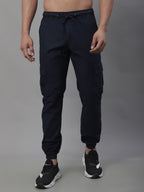Jainish Men's Casual Cotton Solid Cargo Pants - Navy Blue | Grocsy